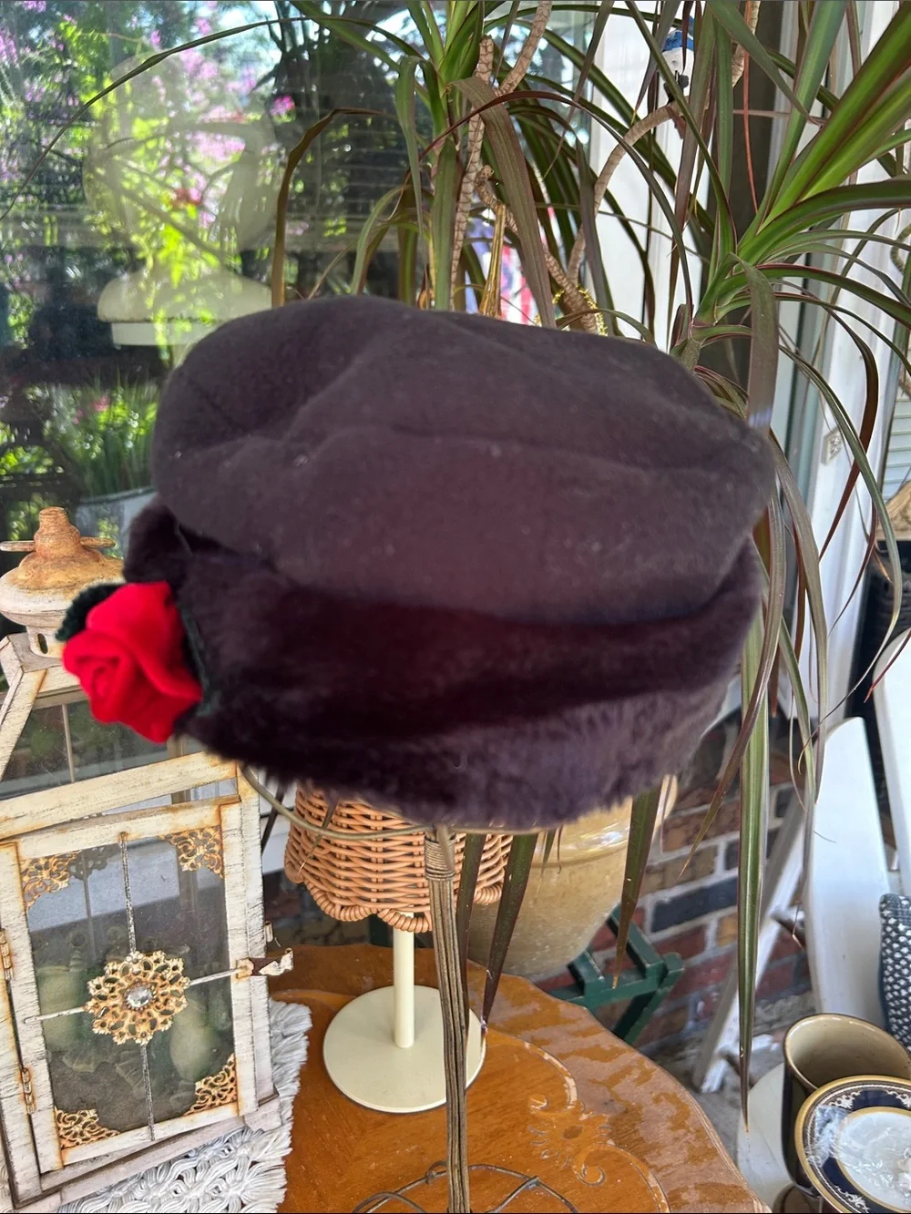 Vintage Black Hat with Red Rose Accent